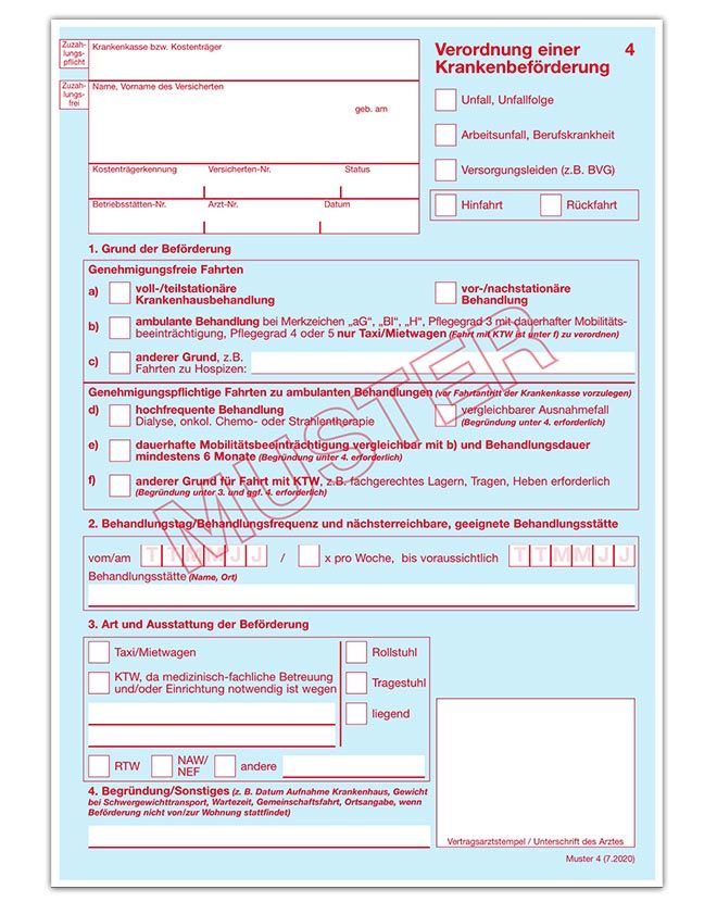 Muster 4 – Verordnung einer Krankenbeförderung (Transportschein), Beispielformular